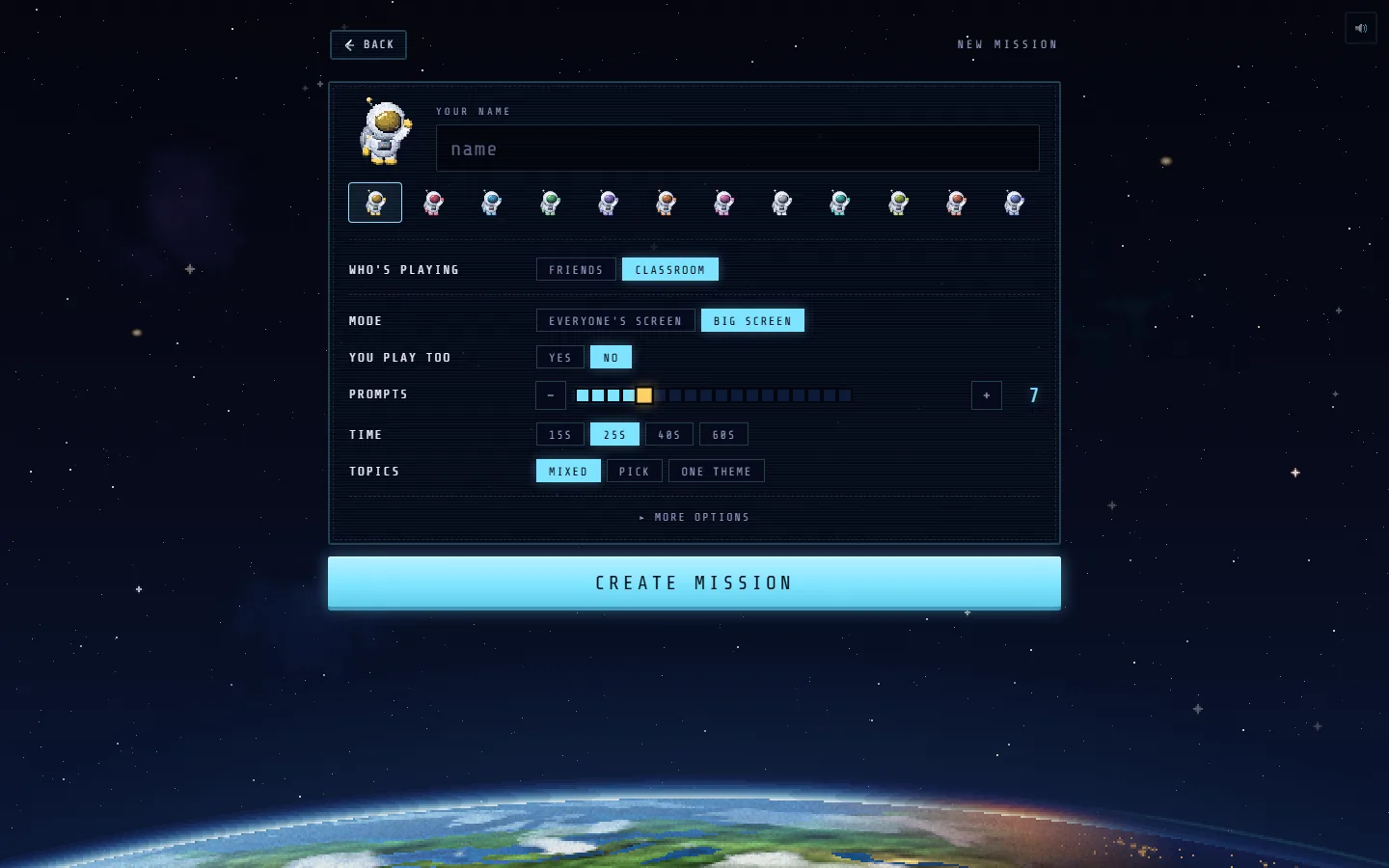 Setting up a Nichenaut mission with CLASSROOM chosen: big screen mode, 7 prompts, 25 seconds, mixed topics