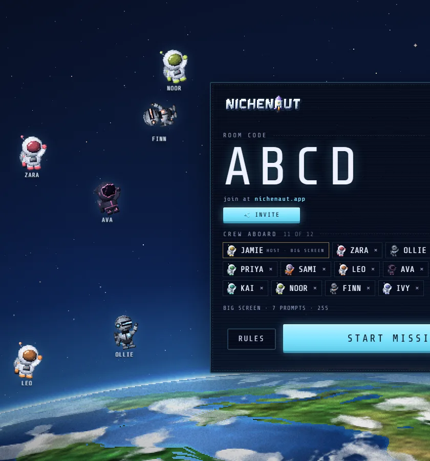A class lobby on the board: room code ABCD, join at nichenaut.app, and eleven pupils already aboard