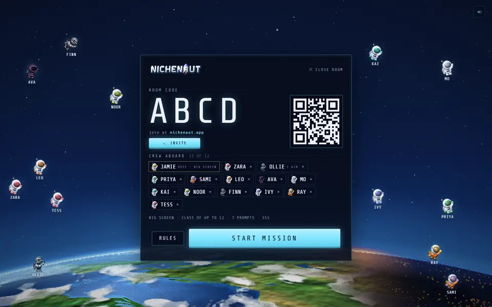 Class mode lobby on a projector: a large room code, a QR code and pupils' astronauts around the screen