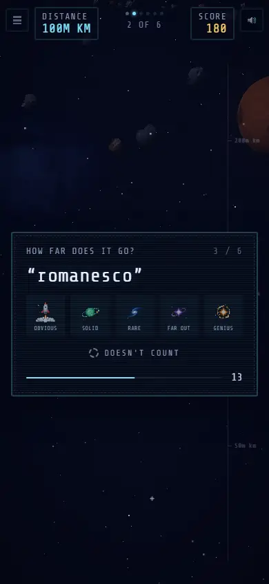 Rating an answer in a custom mission on a phone: how far does it go, with five choices from obvious to genius and a doesn't count option