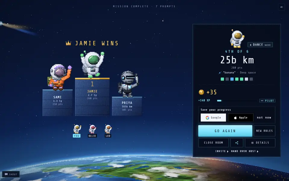 The end of a hosted mission: the winner on a podium with the other players below