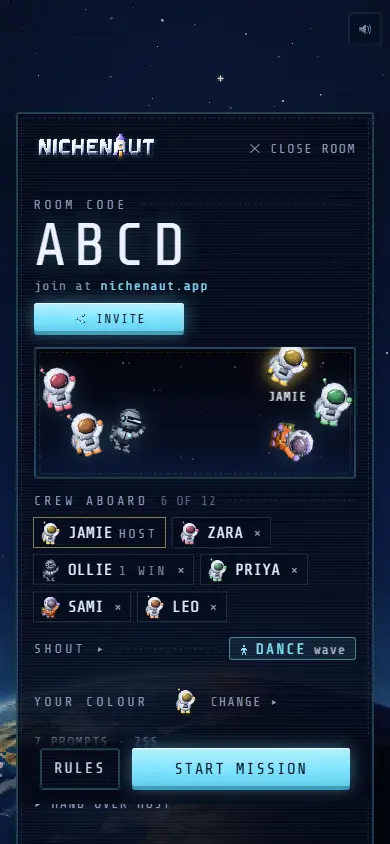 A party lobby on a phone with the room code ABCD and six players