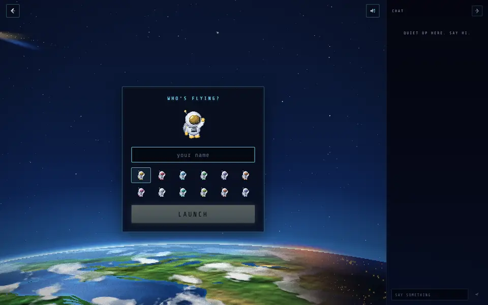 Joining Open Orbit on a laptop: a name box and colour picker over the Earth, with the room chat on the right