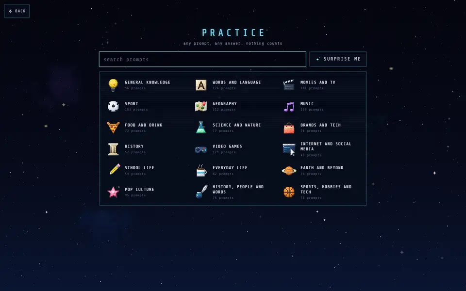 The Practice screen on a laptop: a search box, a surprise me key and the topics with their prompt counts