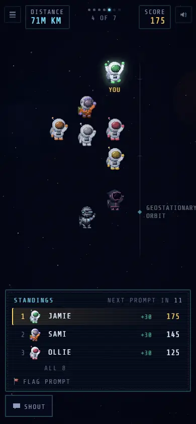 The standings between prompts on a phone: astronauts spread out by distance and a table of the top three
