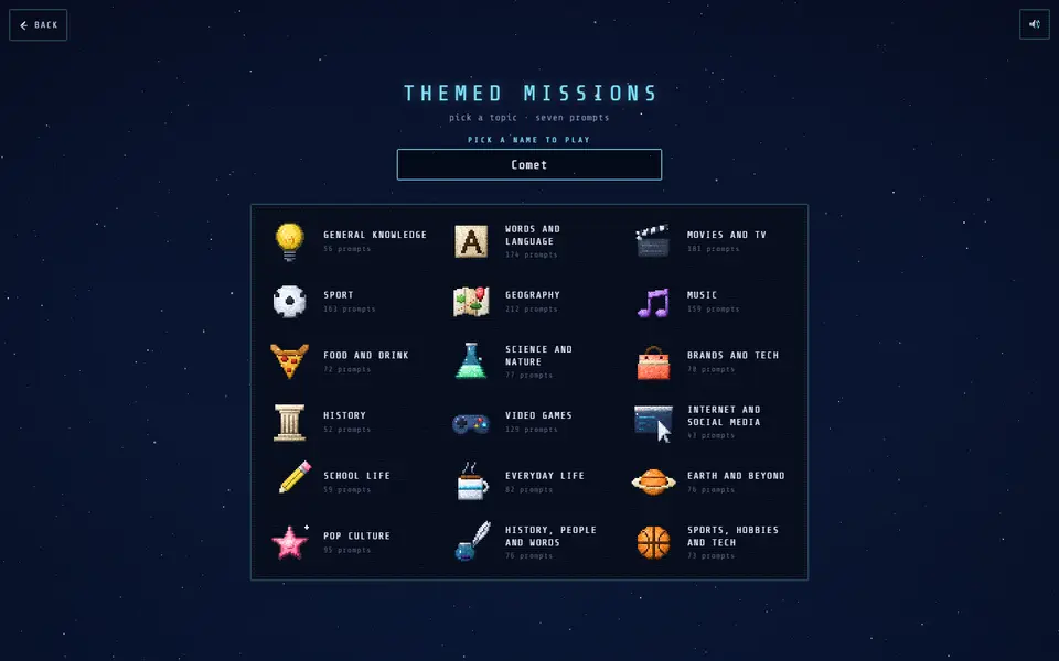 The themed missions screen on a laptop: a name box and a grid of eighteen topics with pixel icons